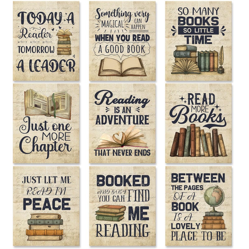 Pajean 9 Pcs Vintage Reading Posters for Library Reading Comprehension Posters Classroom Chalkboard Decor Book Bulletin Board Set Library Corner Wall Art for Elementary Middle High School Decorations - Image 1